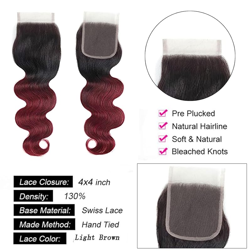 Isufer Brazilian Body Wave 4x4 Lace Closure 100% Virgin Hair 8 Inch 1B/99J Burgundy