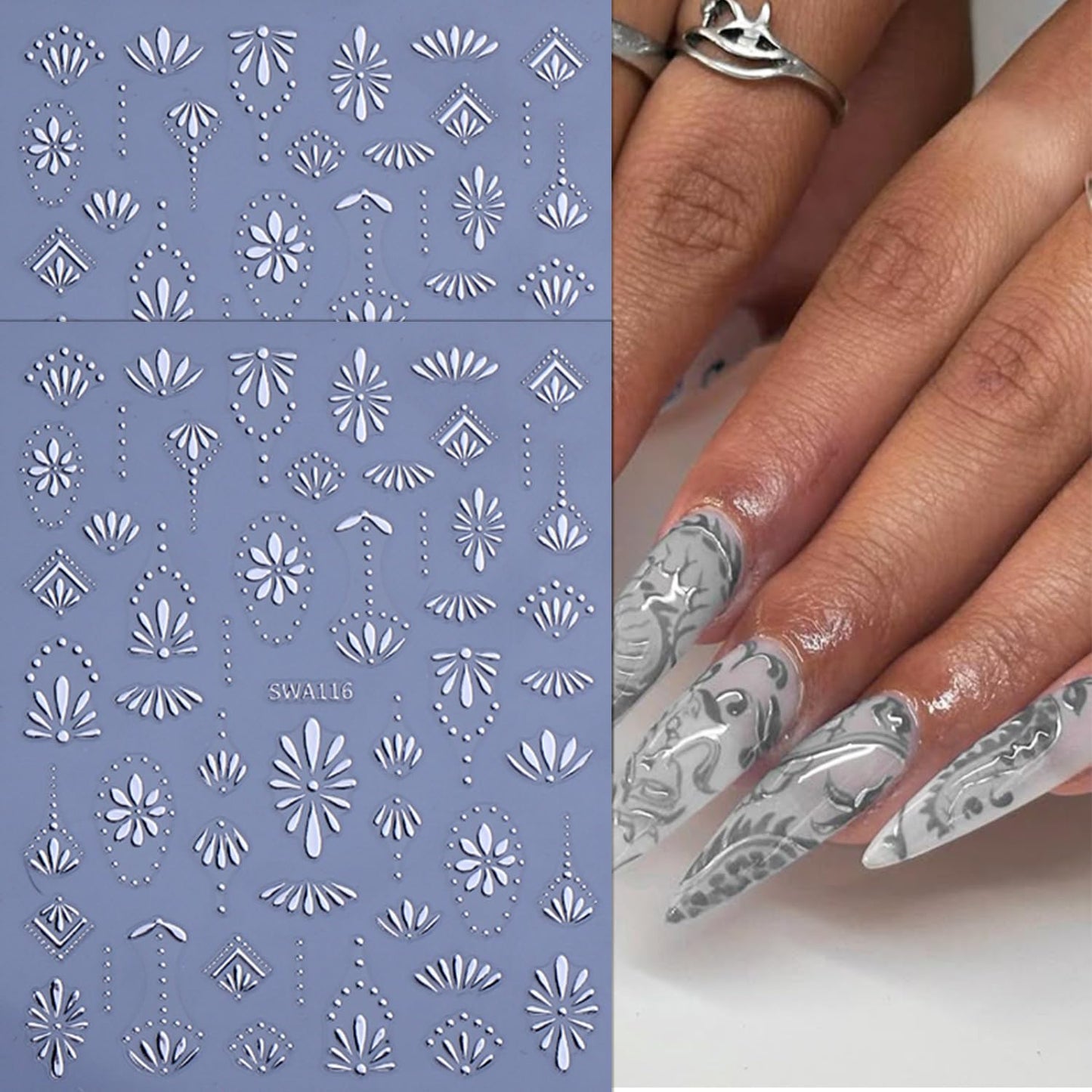 6 Sheets Bohemia Nail Stickers for Nail Art 3D Self-Adhesive Flower Nail Art Stickers Blue Silver Gold Flowers Nail Decals Bohemian Style Nail Design for Women DIY Nails Decoration Supplies