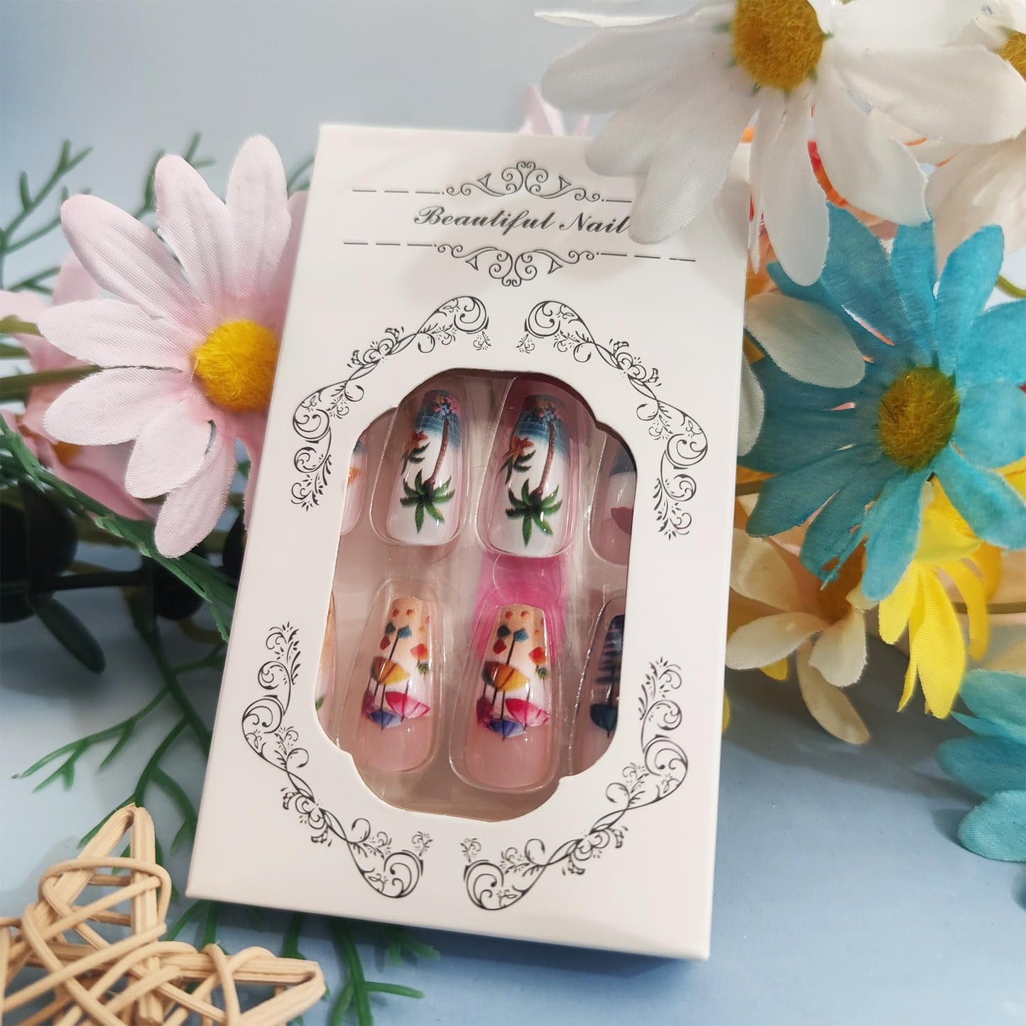 Summer Beach Press on Nails Sea Stars Stick on Nail Ocean Acrylic Full Cover Fake Nails 24Pcs Glossy Colorful Medium Coffin False Nail Coconut Tree Gel Glue on Fingernails for Holiday Manicure Art