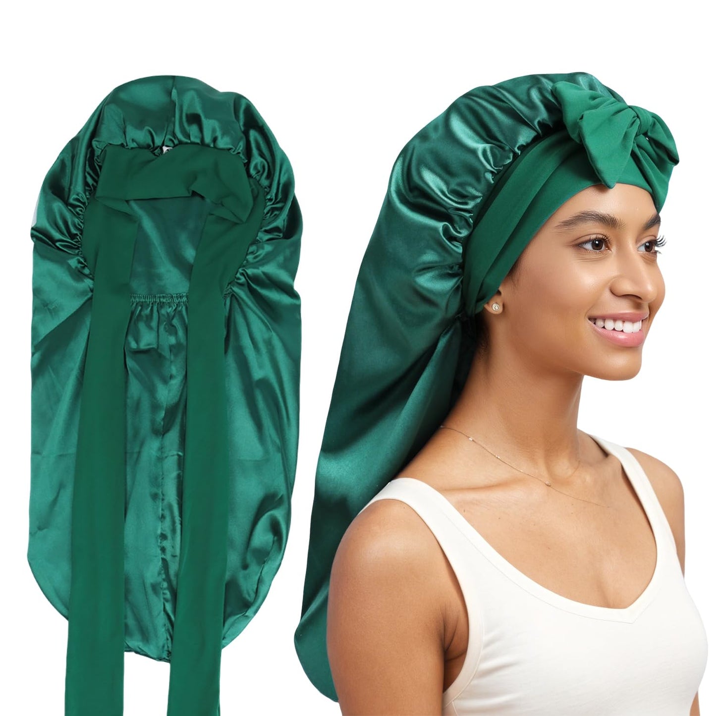 Bonnet for Braids, Double Sided Long Braid Bonnets for Black Women, Satin Silk Hair Bonnet for Sleeping Long Hair Sleep Cap with Tie Band - Hunter Green
