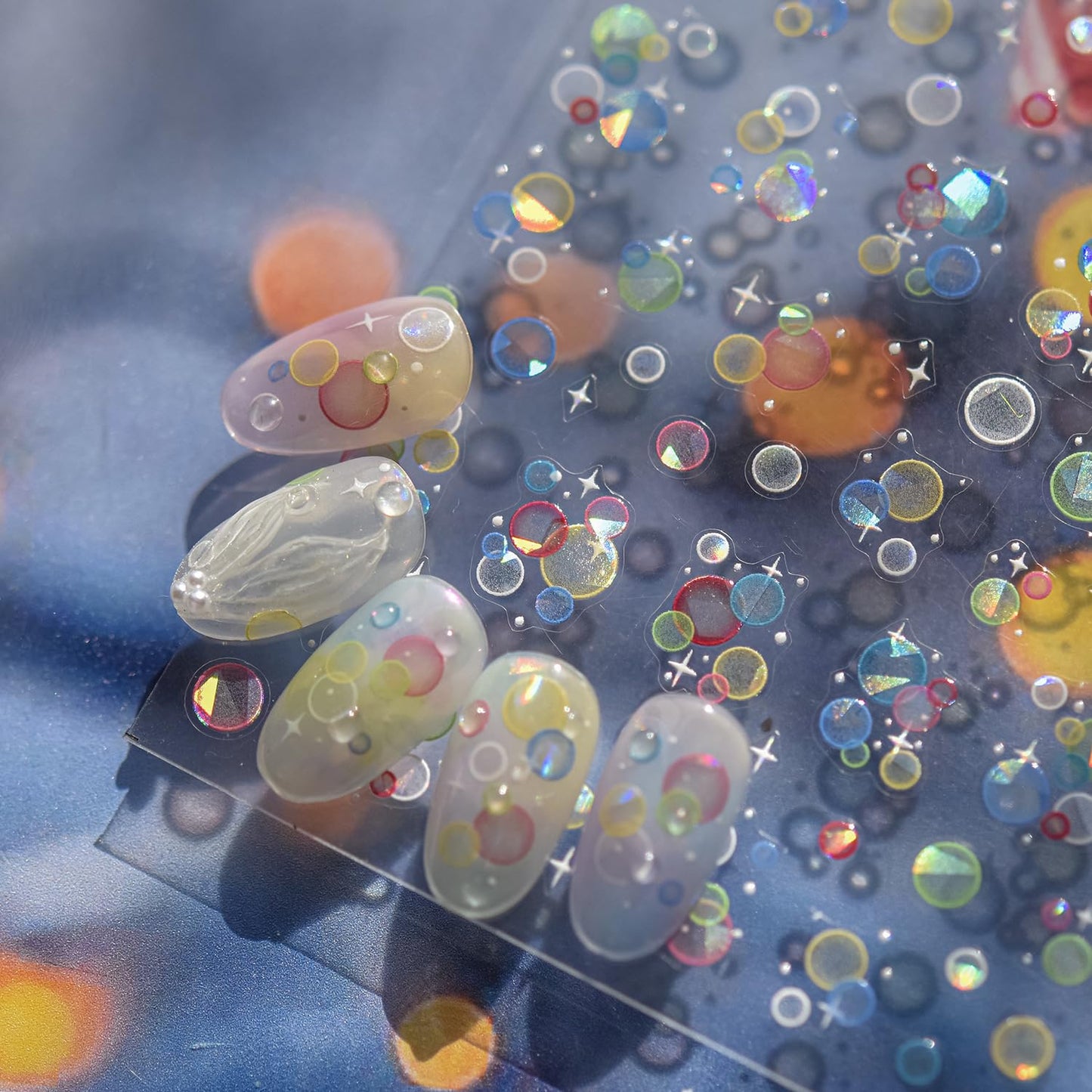 Bubble Nail Art Stickers Decals Summer Gel Nail Stickers Shell Light Nail Decals 3D Self-Adhesive Colorful Bubbles Design Acrylic Nail Art Supplies Summer Bubble Stickers for Women Nail Charms