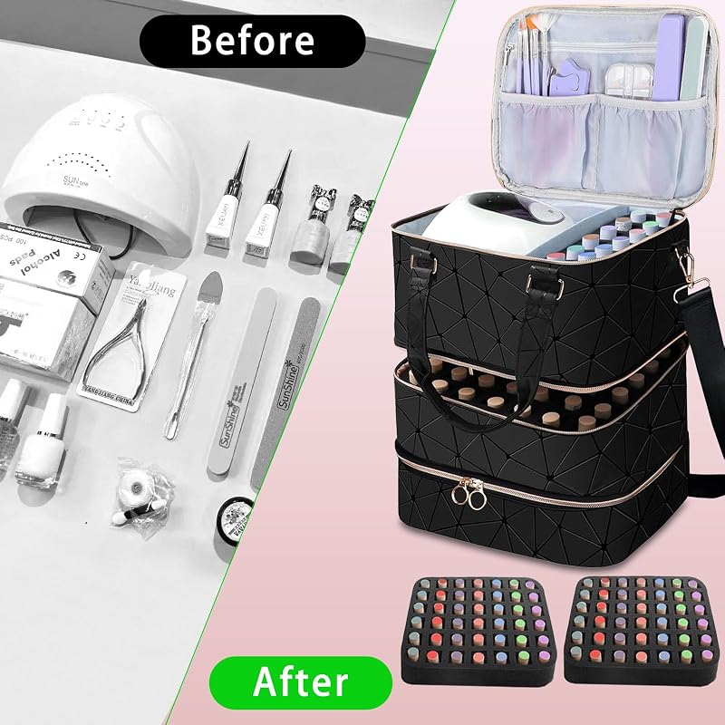 Nail Polish Organizer & Storage Case Holds 84 Bottles 3-Layer PU Leather Bag with UV Lamp (Black) - Detachable & Portable