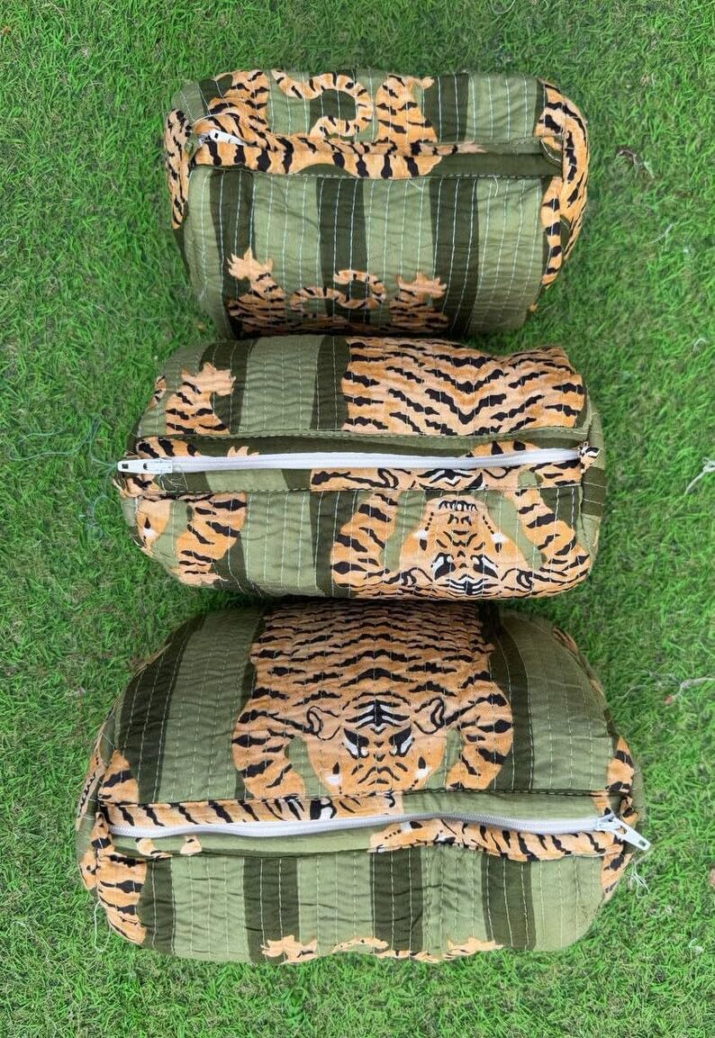 YILLE Quilted Toiletry Bags Set of 3 - Dark Green Fat Tiger, Travel Organizer Pouches