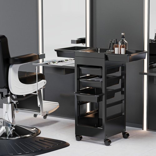 Salon Cart for Hair Stylist Black with 5 Drawers & Hair Dryer Holder, Hair Cart Organizer Storage Cabinet for Hairdressing Beauty Spa Tools, Rolling Barber Cart