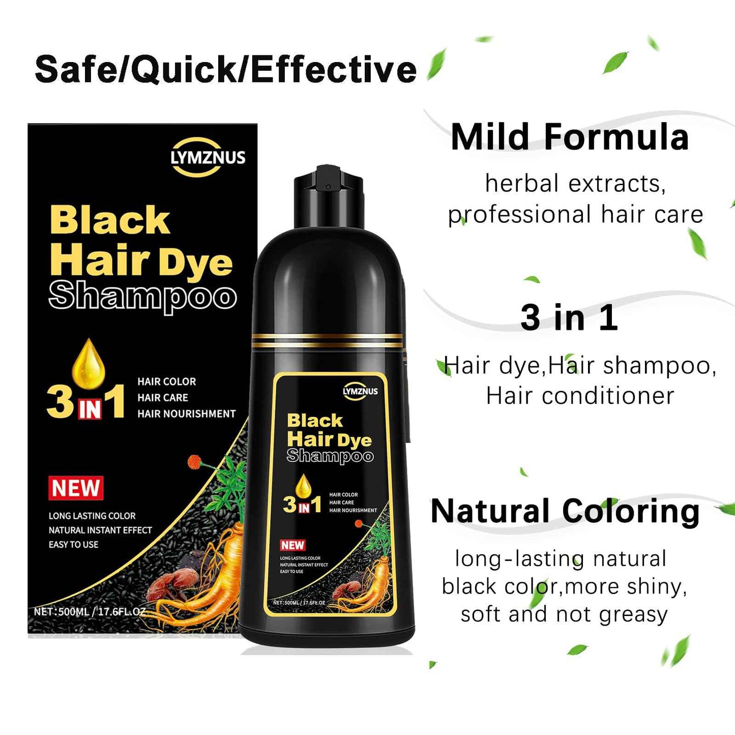 lymznus Herbal Black Hair Dye Shampoo 3 in 1 for Gray Hair, Instant Hair Color Shampoo for Women & Men, Black Hair Shampoo for 100% Grey Coverage 500ML