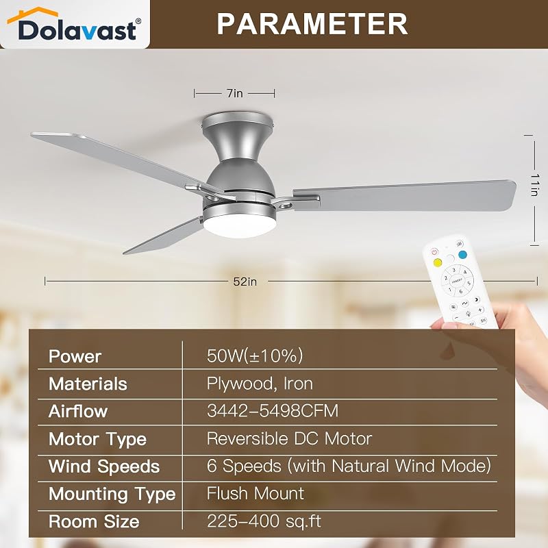 52-Inch Nickel Ceiling Fan with Light, DC Motor, Remote & App Control - Low Profile, Dimmable LED