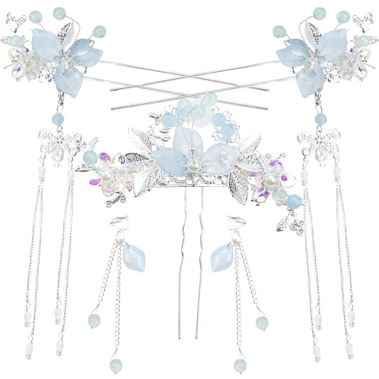 5PCS Flower Pearl Tassels Hairpin, Rhinestone Hair Clips Headpiece Vintage Chinese Hanfu Wedding Brides Hair Accessories for Women Girls Updo Long Hair