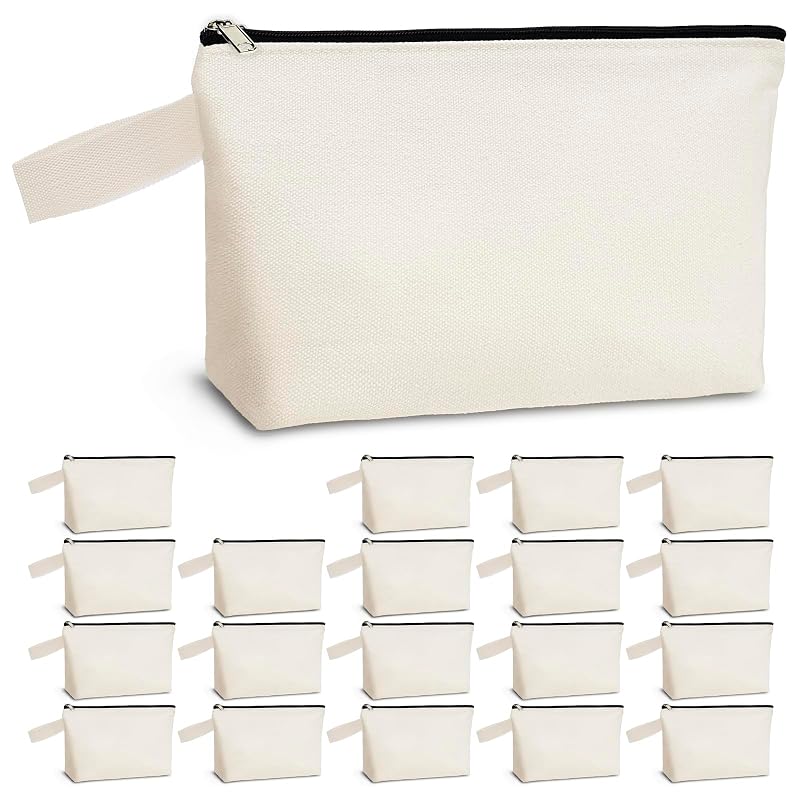 Beige 20-Pack 12oz Cotton Canvas Pouches with Zipper, Bottom & Handle - Makeup, Pens, Travel Bags (S, 9x4.7x1.5'')