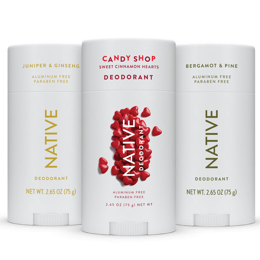 Native Deodorant Contains Naturally Derived Ingredients, 72 Hour Odor Control | Seasonal Scents, Aluminum Free with Baking Soda | Bergamot and pine, Juniper and Genseng , Candy shop - Variety 3 Pk