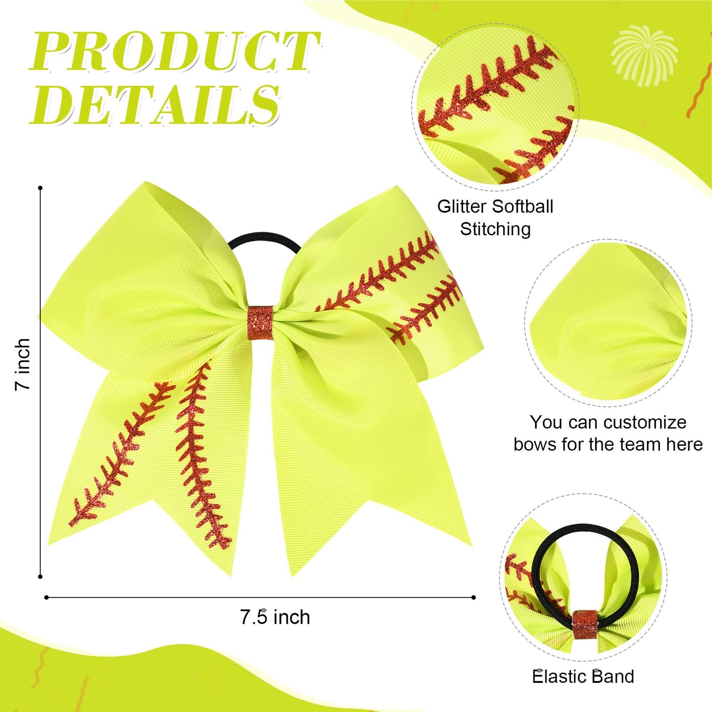 DEEKA 12 PCS Softball Cheer Bows with 2 Glitter Stitching Cheerleader Team Bows Elastic Band for Softball Sports Girls (Neon Yellow+Red Stitching)