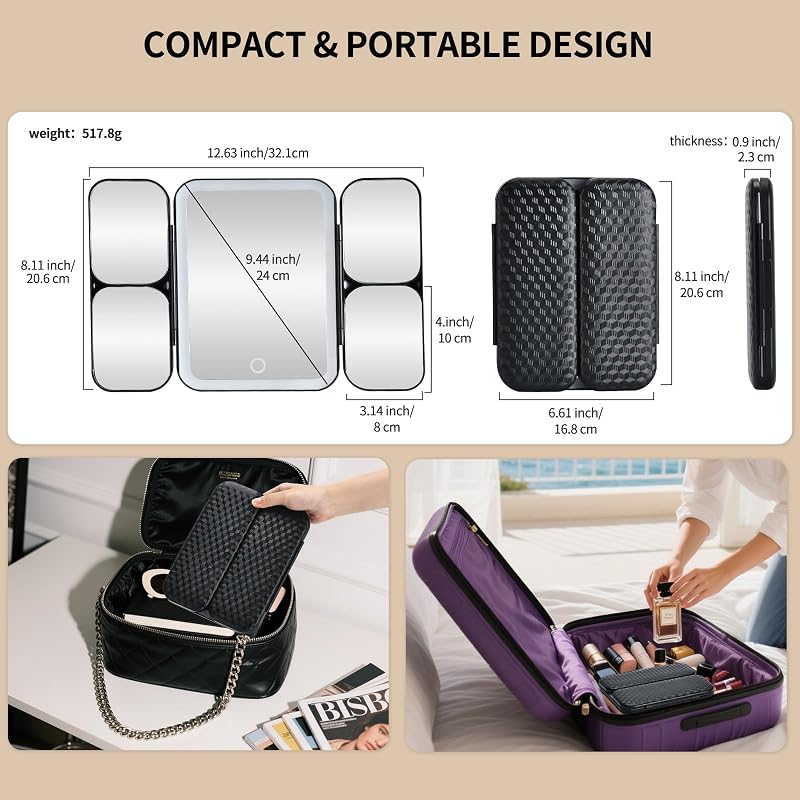 Tri-fold Lighted Vanity Mirror with 5X/10X/20X/30X Magnification, Rechargeable Travel Makeup Mirror - Black (Variation: Black)