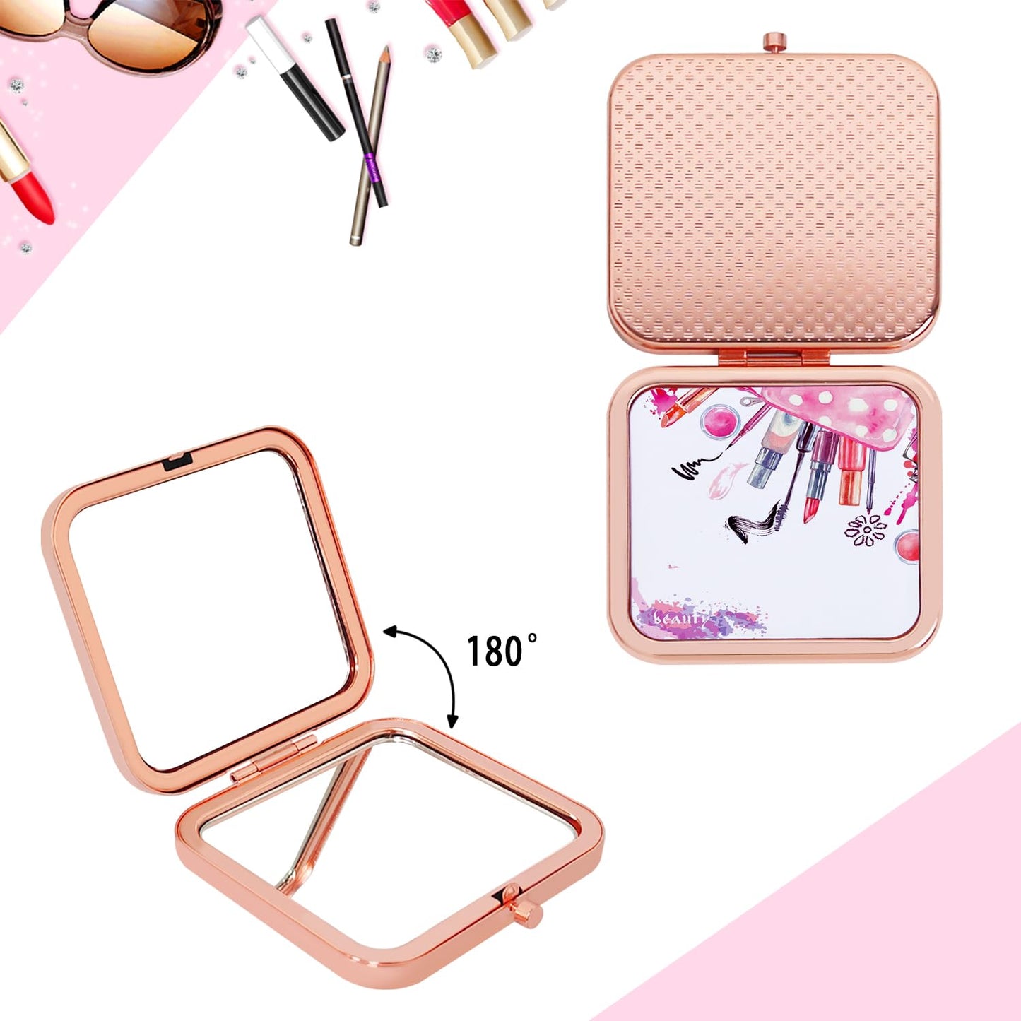 Compact Mirror, Pocket Travel Makeup Mirror, Double-Sided 2X / 1X Magnification, Small Folding Portable Handheld, 2.8 in Rose Gold