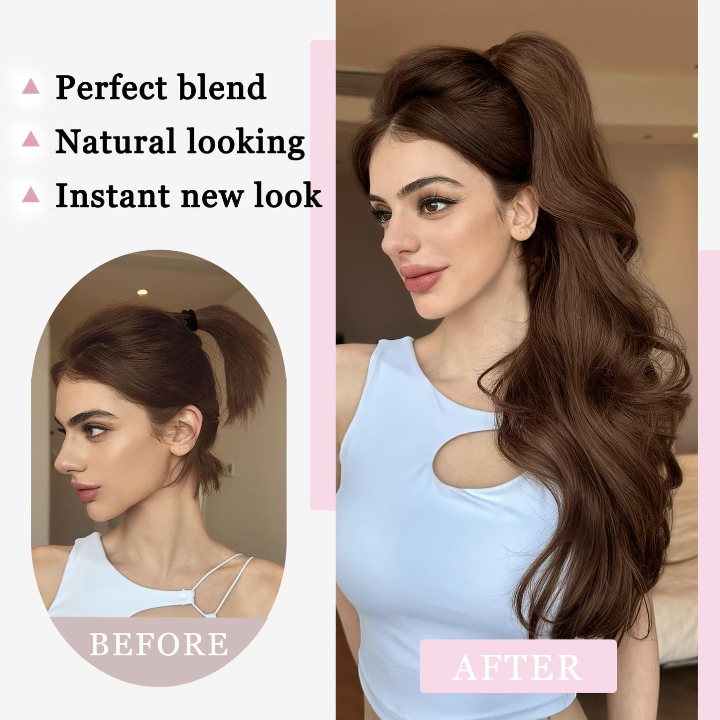 XIXISNOW Curly Ponytail Extension for Women 24'' Synthetic Heat Resistant Clip On Ponytails with Claw Clip Fluffy Long Hair Pieces Layered Ponytail Clips Extensions Party Daily Use(Brown,7.5OZ)