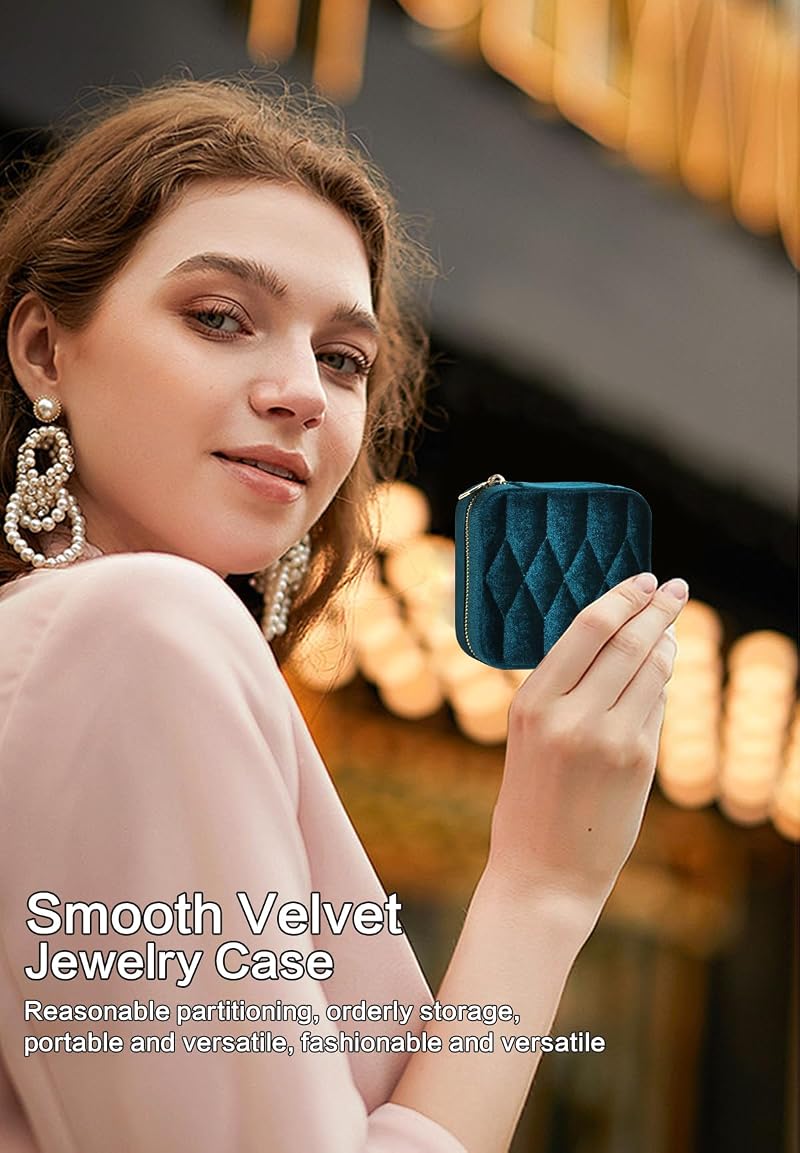 Velvet Jewelry Box Travel Organizer with Mirror - Light Blue, Adjustable Compartments