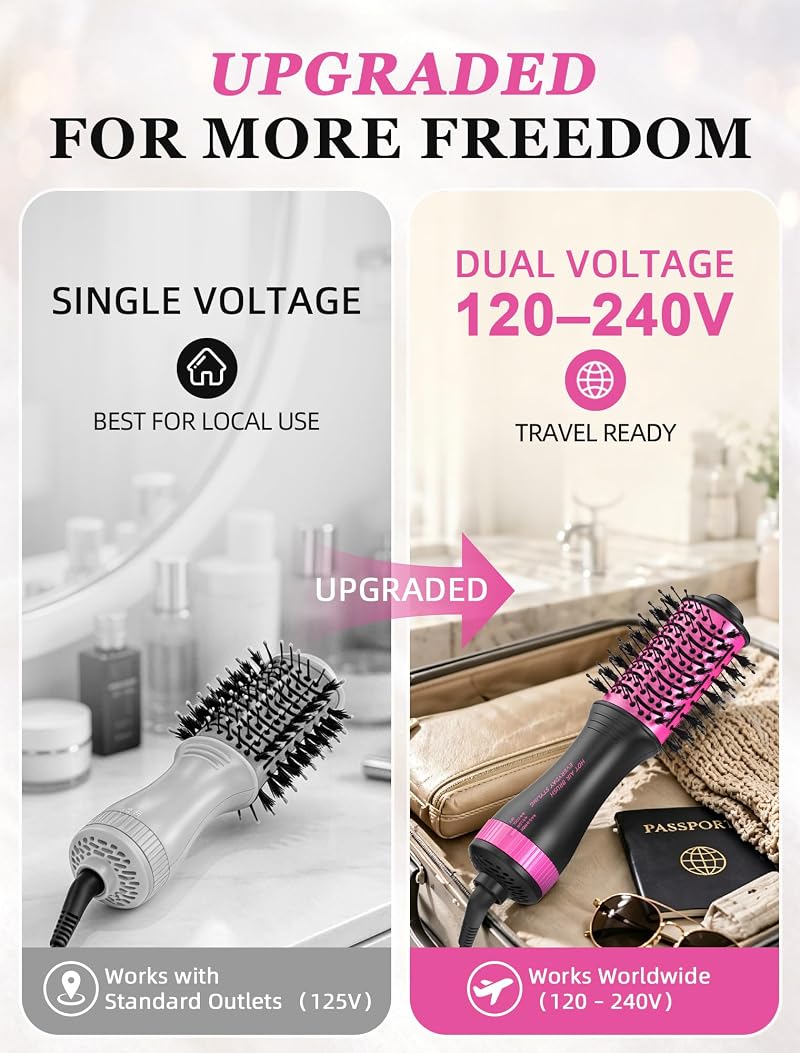 Travel Hair Dryer Brush 2-Inch Oval, Dual Voltage - Black & Pink (Variation: Black&Pink)