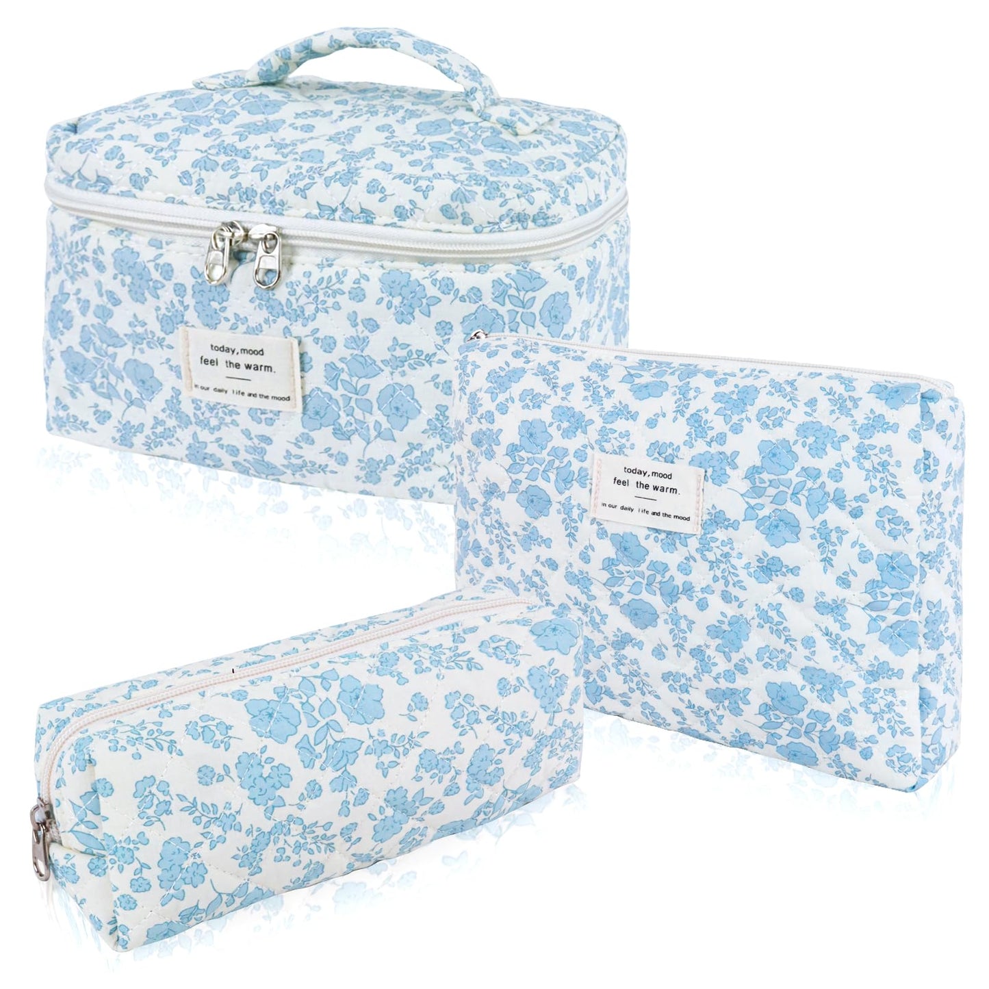 3Pcs Cotton Quilted Makeup Bag Set,Large Floral Cosmetic Bag，Aesthetic Toiletry Travel Makeup Bag Set and Cute Flower Bag for Women Girls (Blue White Flower)