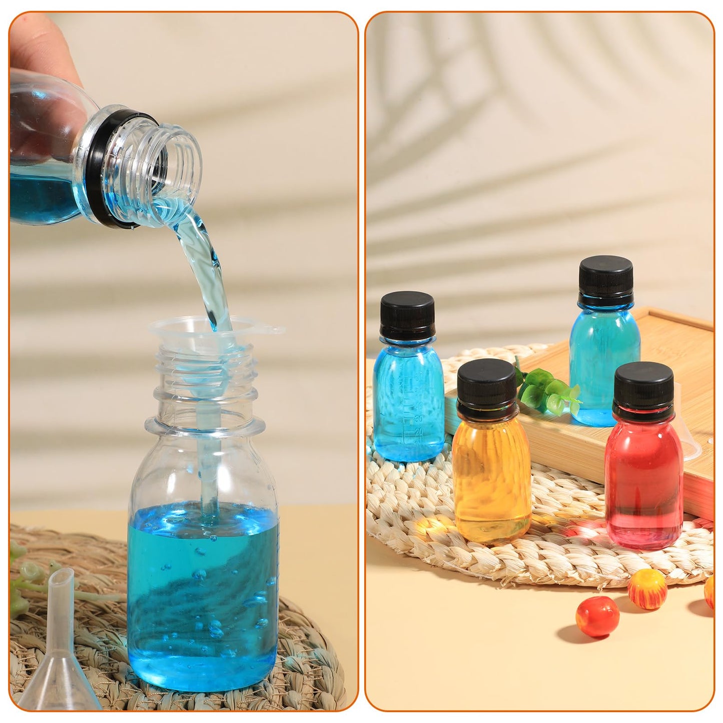 HOFURME 50 Pcs 2oz Plastic Bottles for Liquids, Mini Plastic Bottles with Lids juice bottles with caps with Scale and 4 Pcs Funnels for Juice Ginger Sauce Bulk Portable Travel