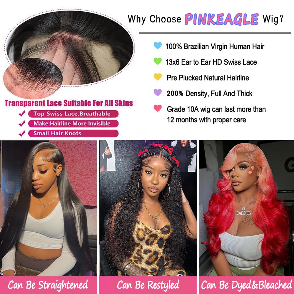 PINKEAGLE 34 Inch 13x6 Lace Front Wigs Human Hair 200% Density Body Wave HD Lace Front Wigs Human Hair Pre Plucked Glueless 13x6 Full Frontal Wig for Women Natural Black