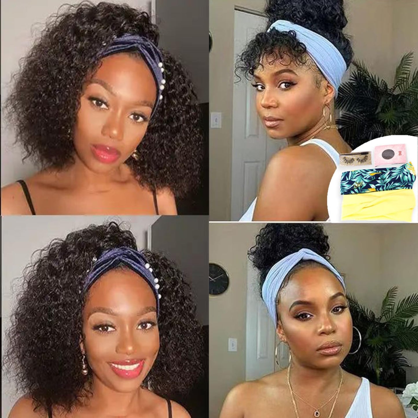 Punmasa Headband Wig Human Hair Deep Wave 12 Inches None Lace Front Wig Human Hair Machine Made Wigs 150% Density Headband Curly Human Hair Wigs for Women Natural Color Half wig