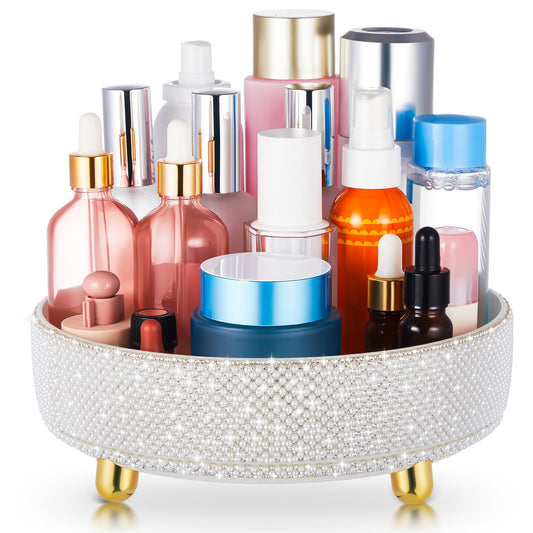 Honeydak Bling Perfume Makeup Organizer Rhinestone Bathroom Organizers and Storage 360 Rotating Makeup Organizer for Countertop Women Girls Essentials(White,Pearl)