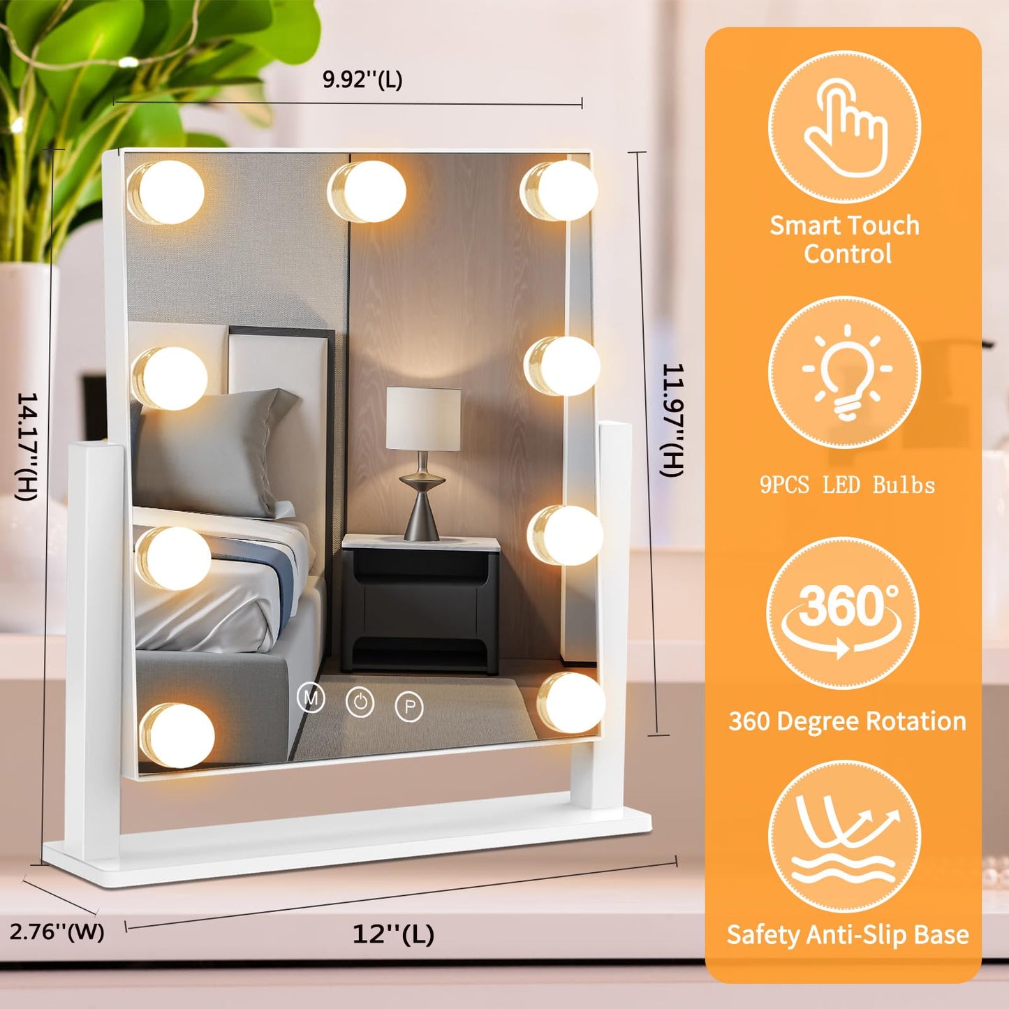 Vanity Mirror with Lights, Hollywood Lighted Makeup Mirror with 3 Color Lighting Modes and 9 Dimmable Bulbs, Detachable 5X Magnification, Smart Touch Control, 360°Rotation, White