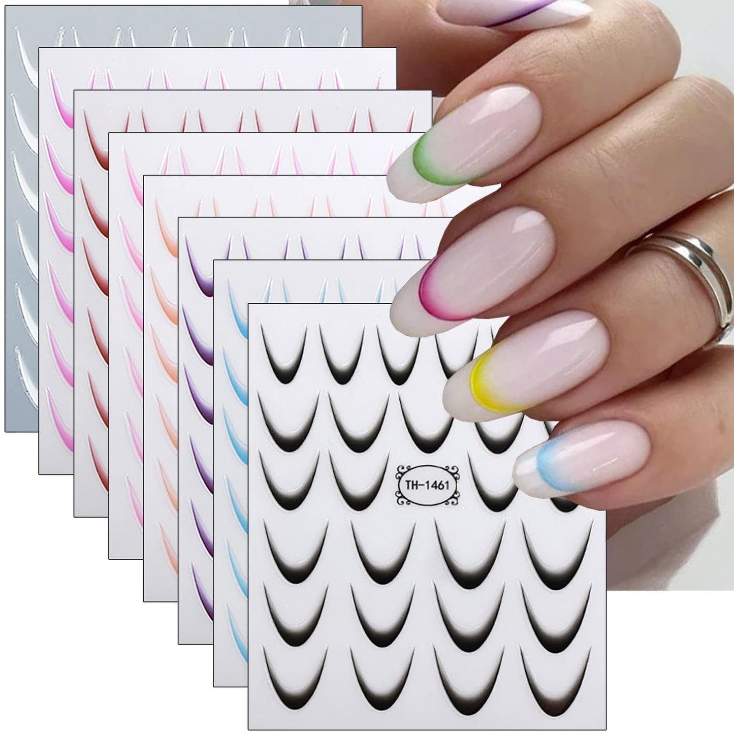 8 Sheets French Tip Nail Stickers 3D Self-Adhesive Frenchs Nail Art Stickers Colorful Curved Lines Design Nail Art Supplies Gradient French Tip Nail Decals for Women Girls Acrylic Manicure Kit DIY