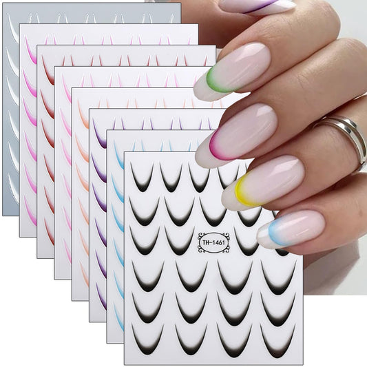 8 Sheets French Tip Nail Stickers 3D Self-Adhesive Frenchs Nail Art Stickers Colorful Curved Lines Design Nail Art Supplies Gradient French Tip Nail Decals for Women Girls Acrylic Manicure Kit DIY