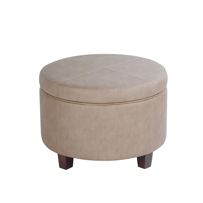 Storage Ottoman with Faux Leather - Round Taupe Brown, 17x24, Lift-Top