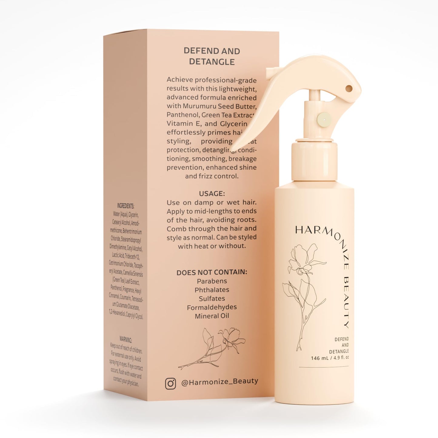 Harmonize Beauty Leave-In Conditioner - 3-in-1 Detangler & Heat Protectant Spray - Sulfate-Free - Lightweight for All Hair Types - Frizz Control - Protects & Hydrates without Buildup - 4.9 fl oz