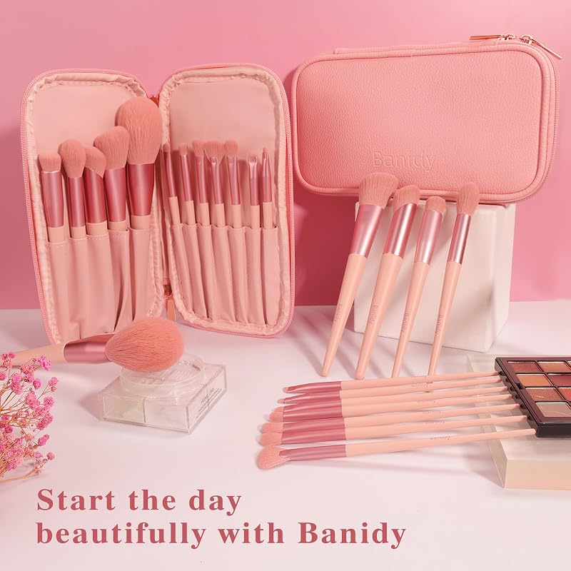 12-Pink Banidy Makeup Brush Set with Storage Bag – Vegan Synthetic Hair, Complete Kit for Eyes, Face, Concealer & Foundation