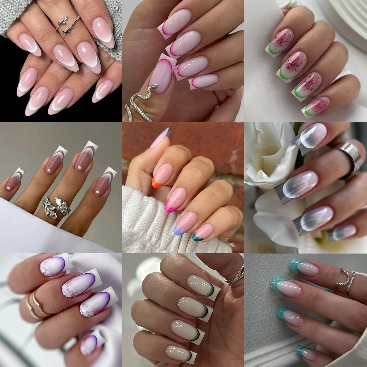 8 Sheets French Tip Nail Stickers 3D Self-Adhesive Frenchs Nail Art Stickers Colorful Curved Lines Design Nail Art Supplies Gradient French Tip Nail Decals for Women Girls Acrylic Manicure Kit DIY