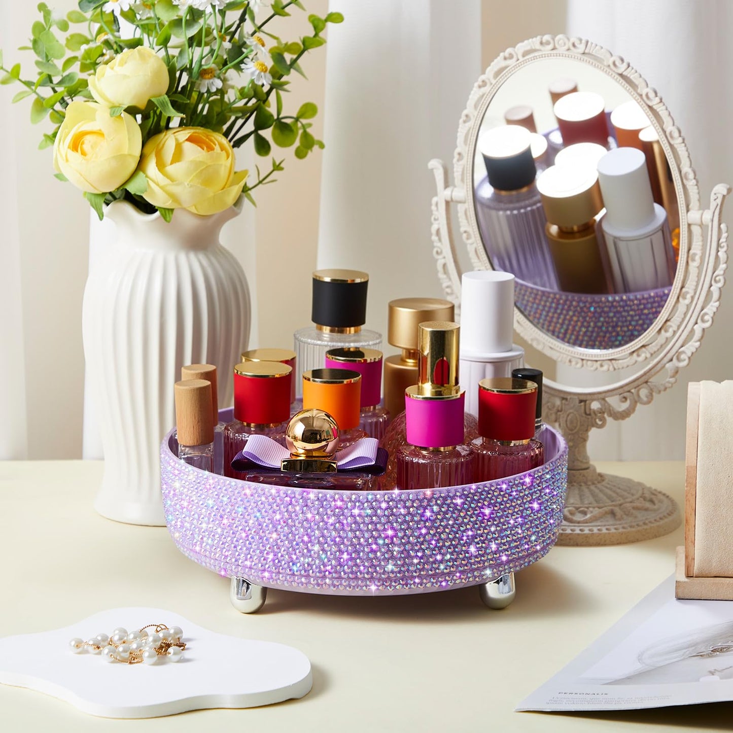 Honeydak Bling Perfume Makeup Organizer Rhinestone Bathroom Organizers and Storage 360 Rotating Makeup Organizer for Countertop Women Girls Essentials(Purple,Rhinestone)