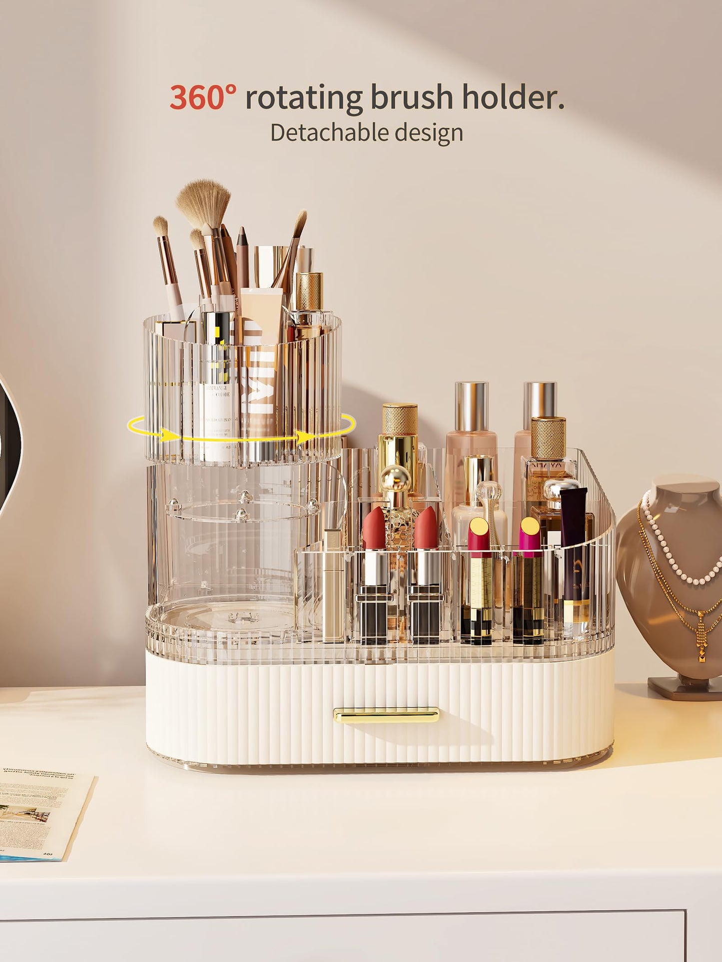 MIUOPUR Makeup Organizer with Rotating Makeup Brush Holder, Stackable Drawers for Bathroom Organizers and Storage, Make up Organizers for Vanity, Great for Cosmetics, skincare, Lipsticks -Cream