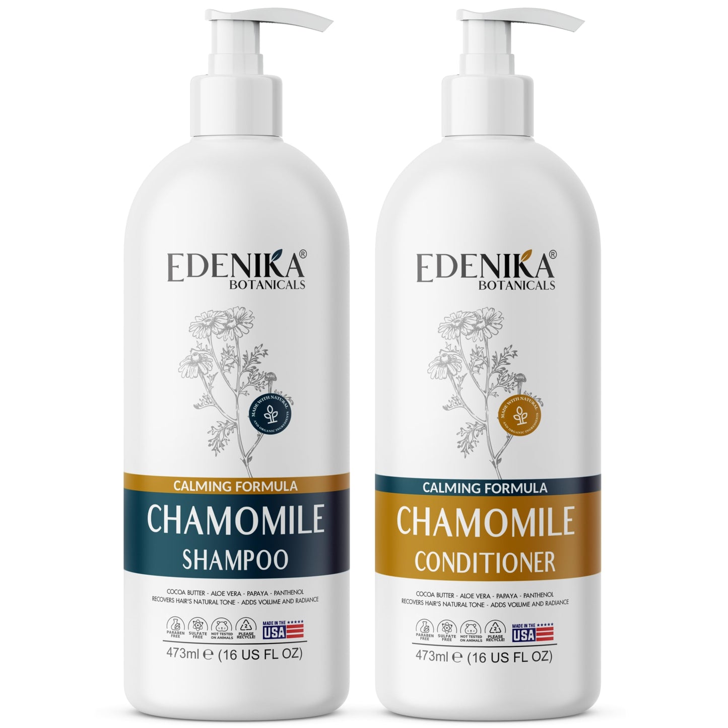 Edenika Botanicals Chamomile Shampoo and Conditioner Set, Calming Formula with Certified Organic and Natural Ingredients Intense Nourishment Makes Hair Feel Soft and Smooth 16oz Each