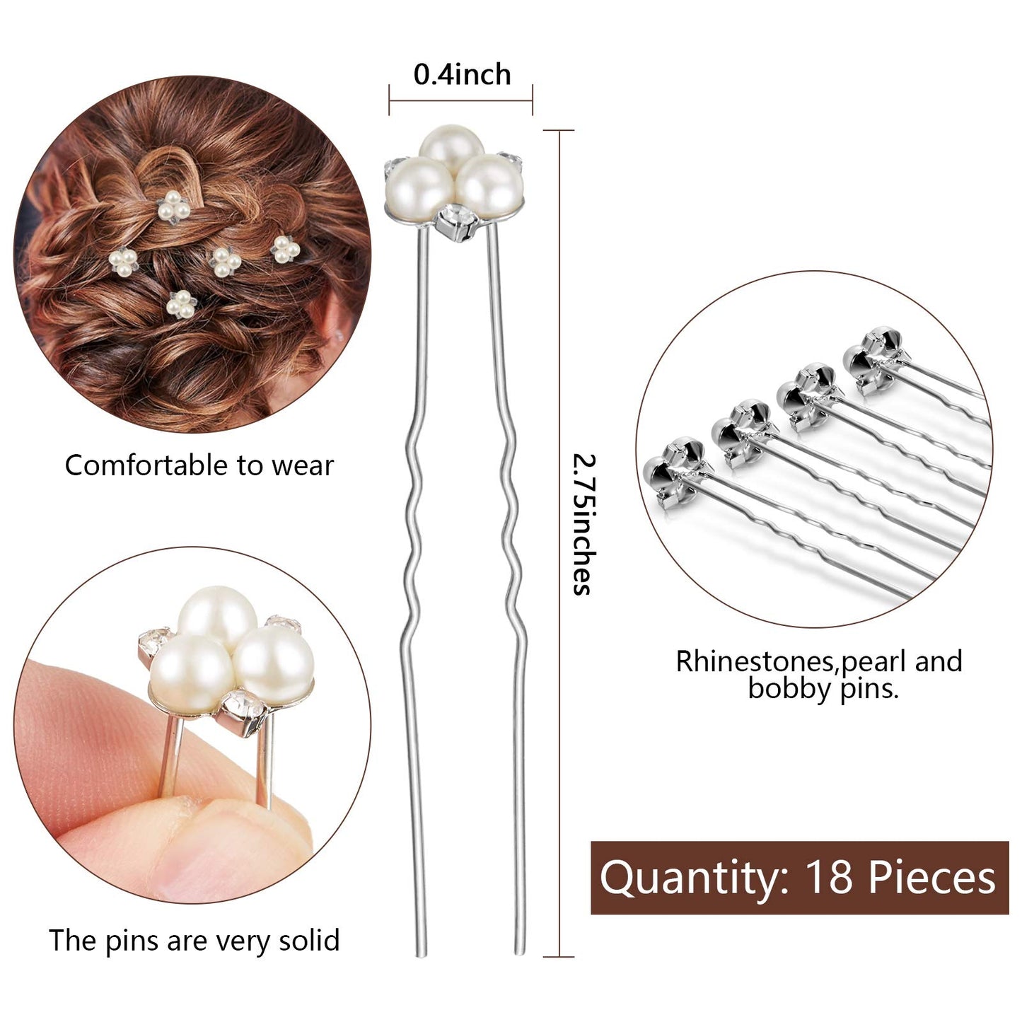WILLBOND 18 Pcs Pearl Hair Pins Bridal Wedding Hair Accessories Crystal Bobby Pin for Brides Bridesmaids Flower Women Girls(Silver)