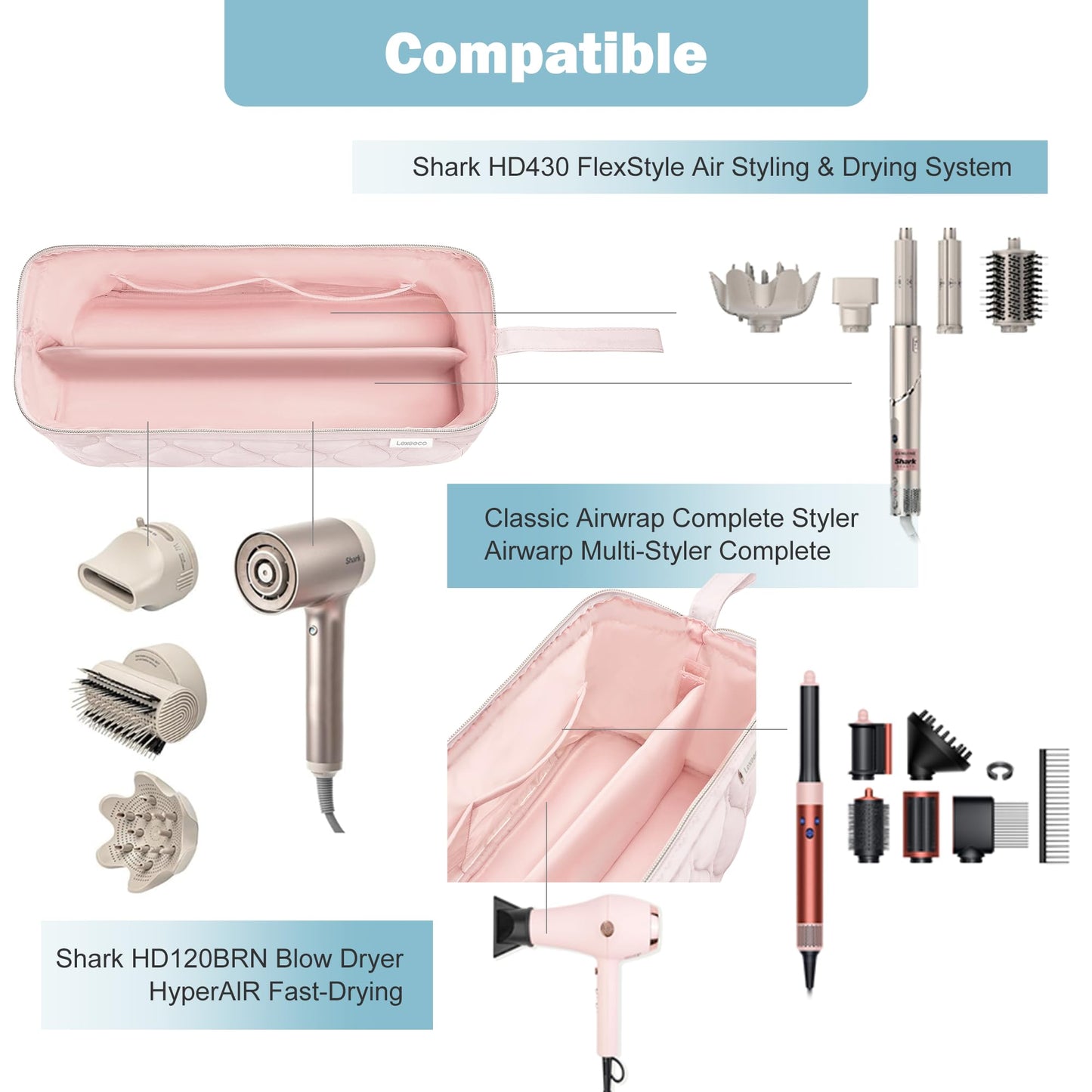 Lexeeco Hair Tools Travel Bag for Shark Flex Fusion Puffer Flexstyle Carring Case Portable Dyson Airwrap Travel Case for Shark Hair Dryer Flat Curing Iron Organizer (Pink)