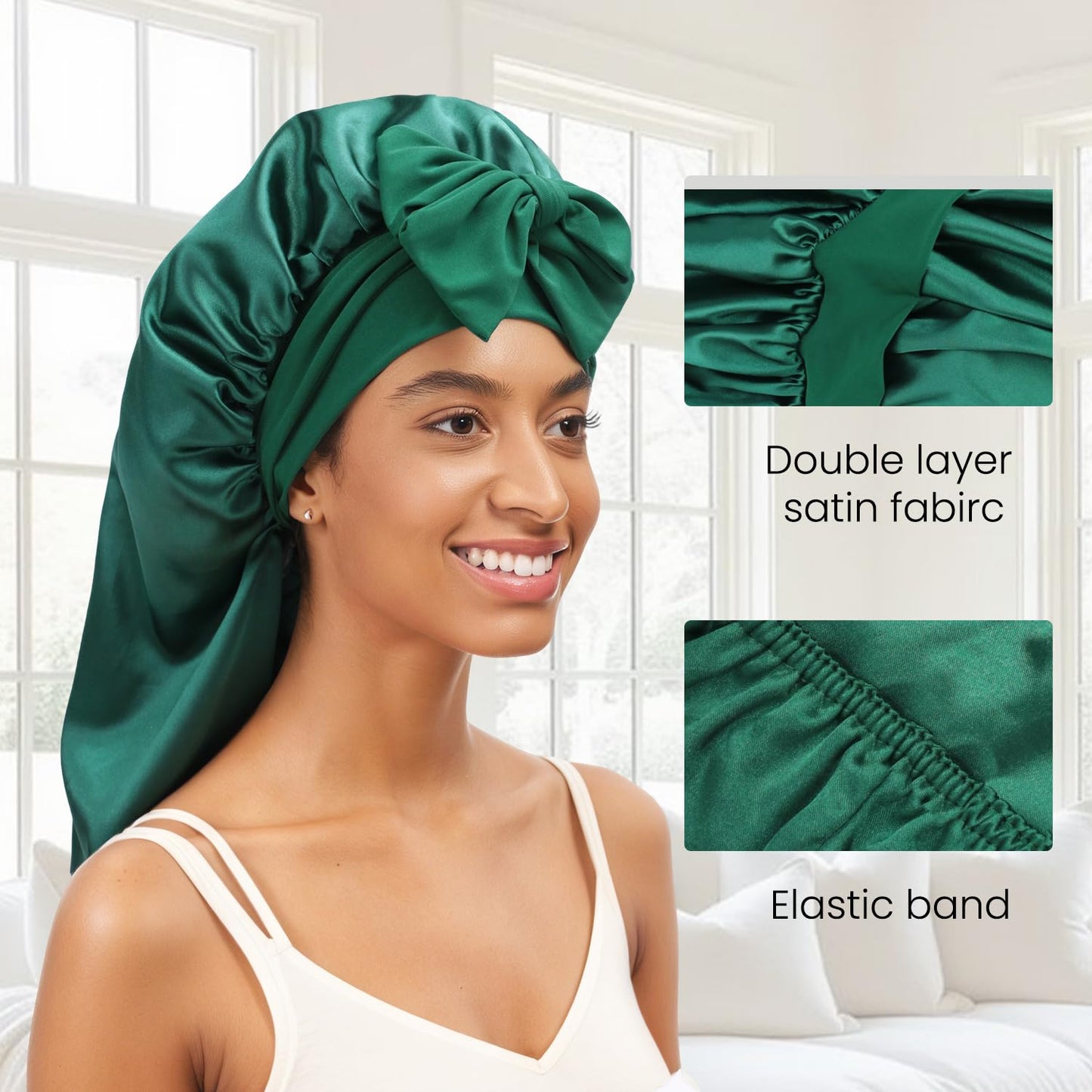 Bonnet for Braids, Double Sided Long Braid Bonnets for Black Women, Satin Silk Hair Bonnet for Sleeping Long Hair Sleep Cap with Tie Band - Hunter Green