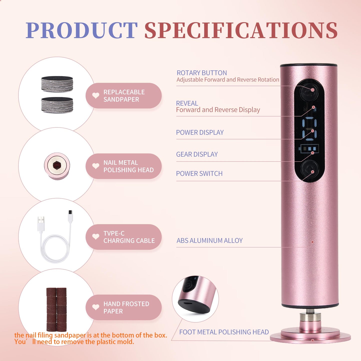 Electric Foot Callus Remover – Foot File Rechargeable Pedicure Tool with Adjustable Speed, Digital Display, Sandpaper Discs & Nail Drill Bits – Pink