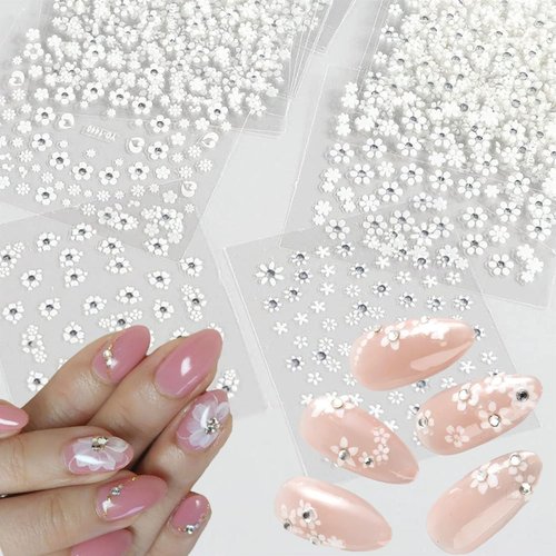 30 Sheets White Rhinestones Flower Nail Art Stickers, 3D Self Adhesive Flower Nail Sticker Design Holographic Small Floral with Rhinestones Nail Art Decals Nail Supplies for Women Nail Decoration