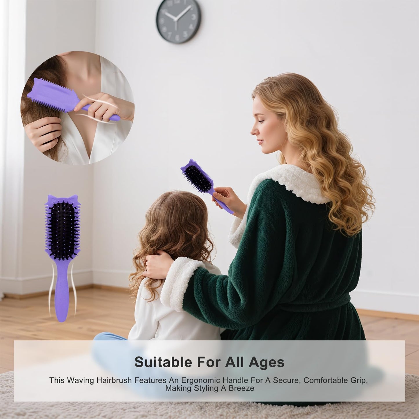 Curl Defining Brush, Curly Hair Brush Defining for Curls Waves & Coils, Volume Styling Women'S Curls, Reduce Pulling Frizz, Funny Cat Ear Designs - Purple