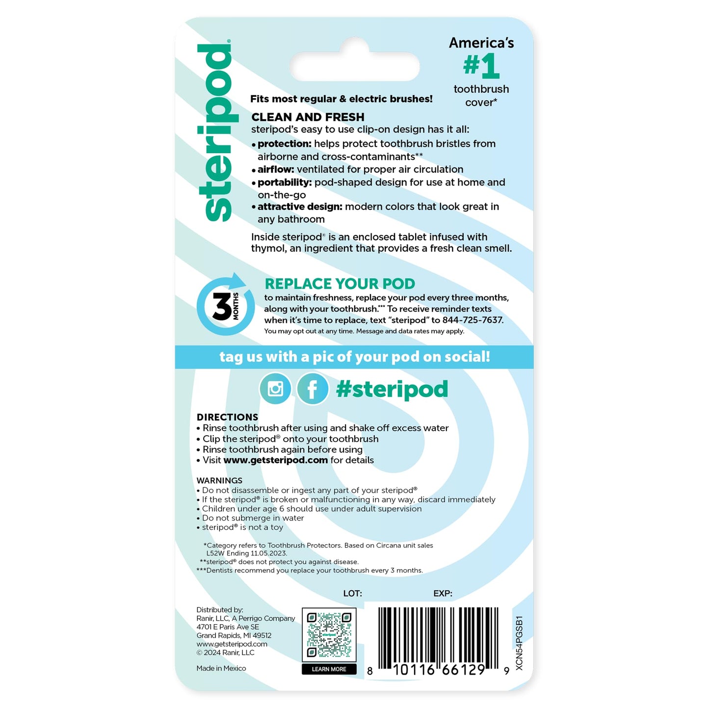 Steripod Clip-On Toothbrush Protector, Green and Blue, 2 Count