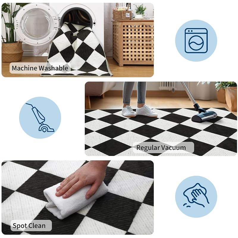 5' x 7' Black & White Checkered Area Rug - washable, non-slip backing