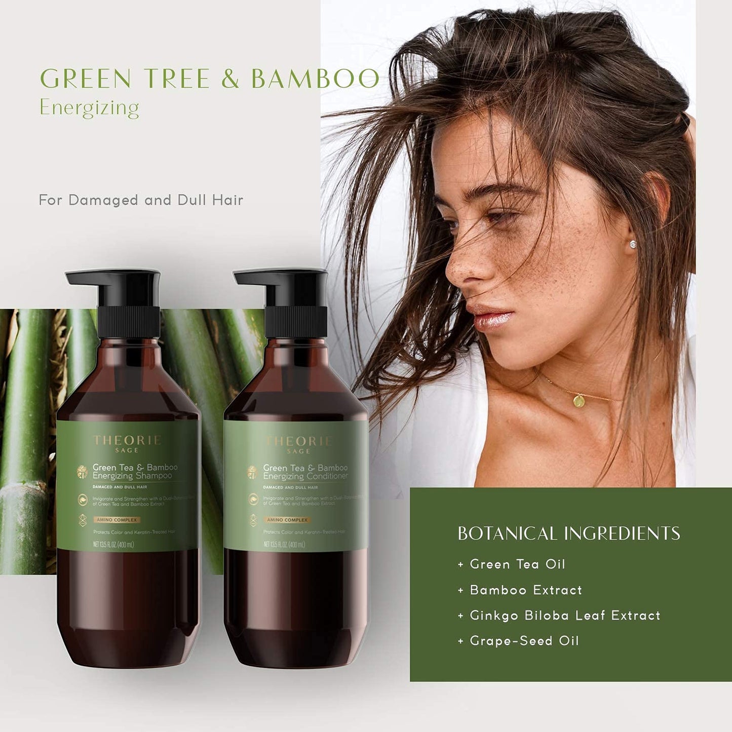 Theorie Green Tea & Bamboo Energizing Shampoo - Invigorate & Strengthen, Irresistible Scent of Green Tea, Jasmine, Amber & Cypress - For Damaged & Dull Hair - Color & Keratin Safe - 400mL