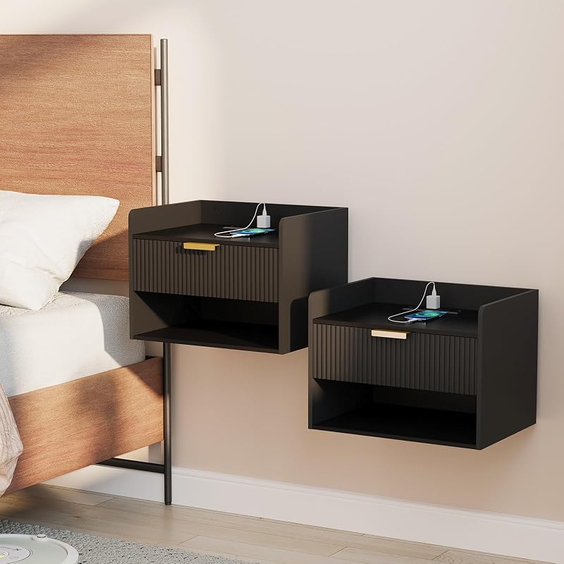Floating Nightstand Set with Charging Station - 2 Pack, Black