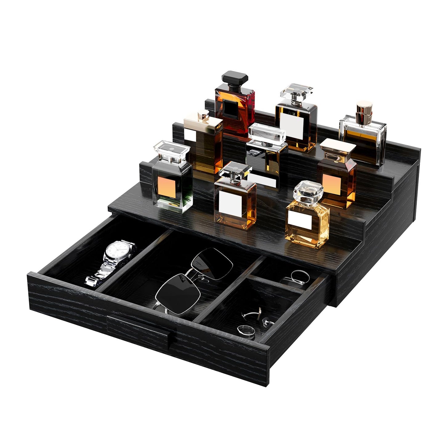 Gernshe Cologne Organizer for Men,3 Tier Solid Ash Wood Cologne Stand,Cologne Shelf Display Holder,Perfume Stand Organizer with Drawer and Hidden Storage,Great Gift for Men Father's Day,Black