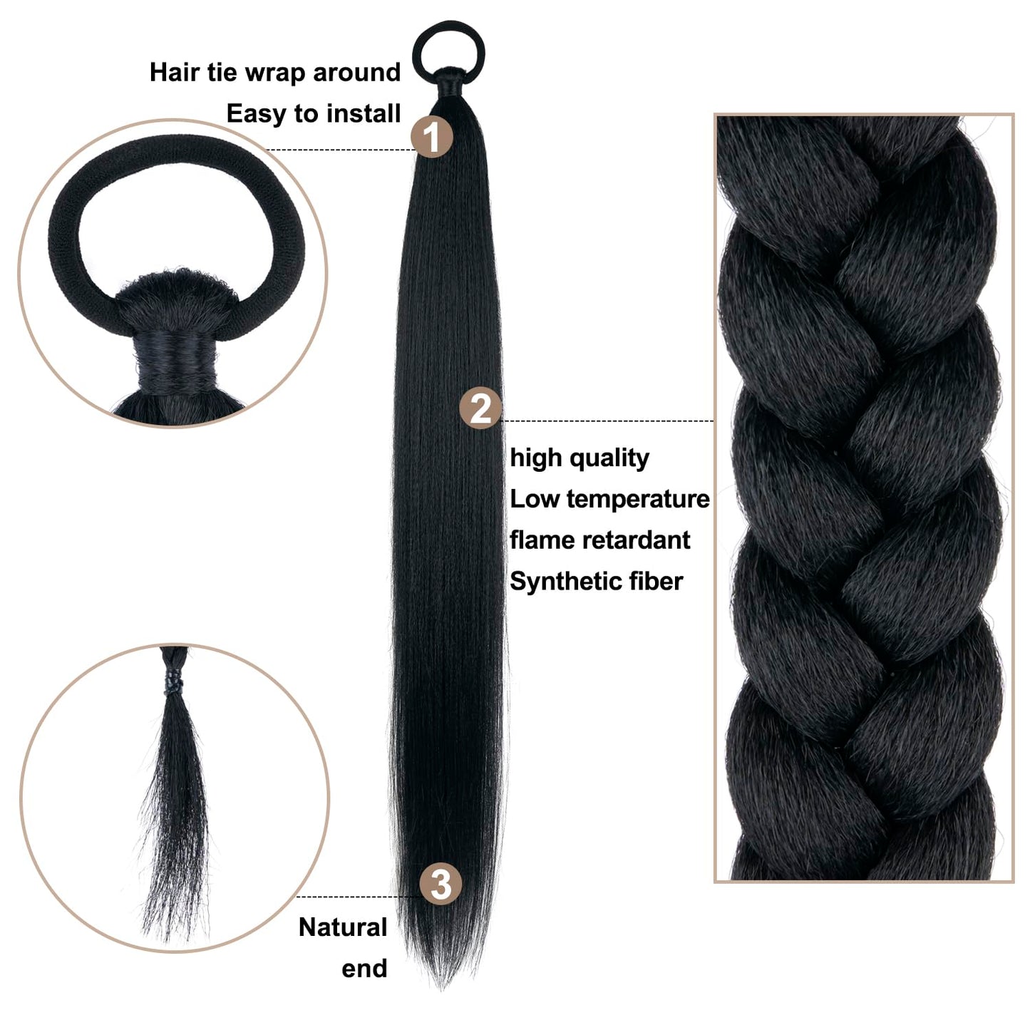 Black Ponytail Extension 2 Pack Braid Ponytail Extension with Elastic Tie Straight Sleek Wrap Around Braid Hair Extensions Ponytail 26 Inch (Black#)