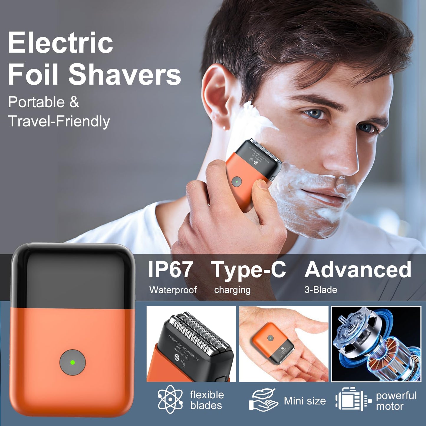 Electric Shavers for Men, Mini Travel Electric Razor, Foil Shaver for Men, Fast Rechargeable Dual Floating Blades IPX7 Waterproof Wet Dry Face Razor-Light Orange
