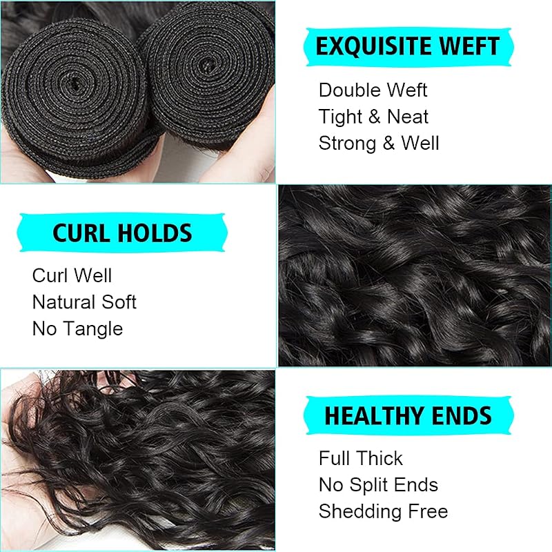 Water Wave Virgin Human Hair Bundles with Frontal 8 in Black - 50g, 13x4 Lace