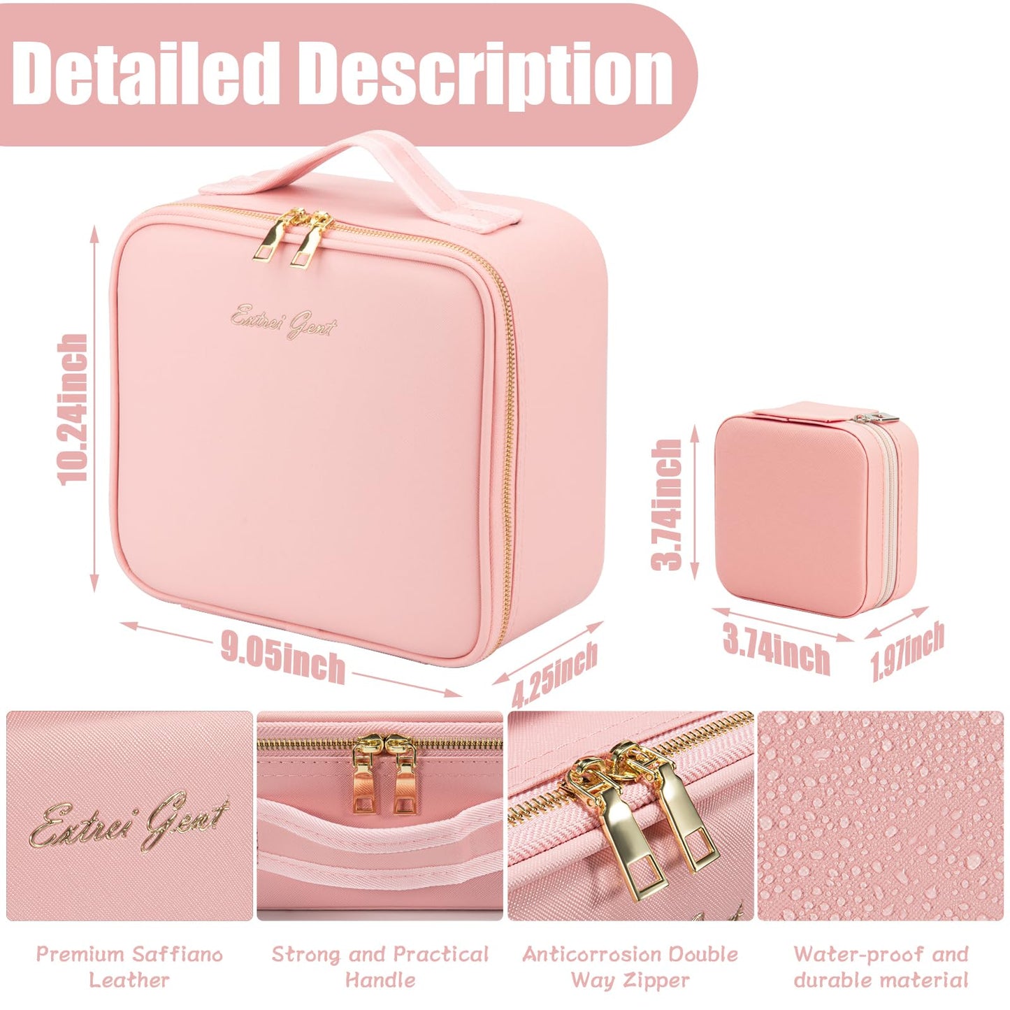 Extrei Gent Makeup Travel Train Case with Mirror LED Light 3 Adjustable Brightness Large Cosmetic Bag Portable Storage Adjustable Partition Waterproof Makeup Brushes Make up Jewelry Gift for Women