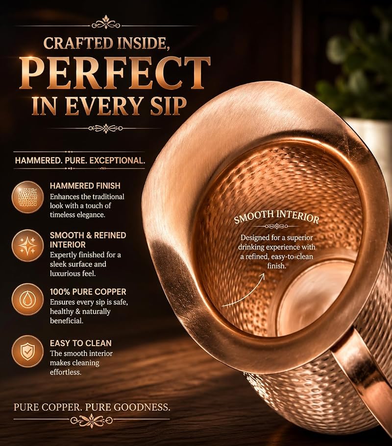 70 Ounces Bold & Divine Pure Copper Pitcher with Lid – Hammered Jug for Water & Beverages